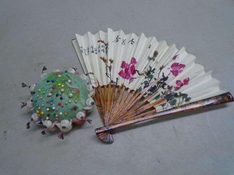 Oriental pin cushion and fan. Texas Online Auction House