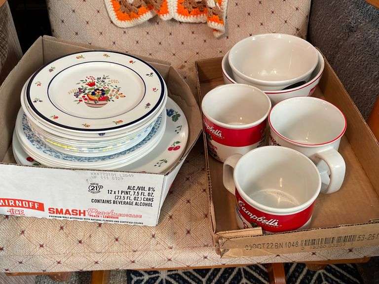 Corelle Dishes, Not Matching, Campbell’s Soup Mugs United Edge Real Estate & Auction