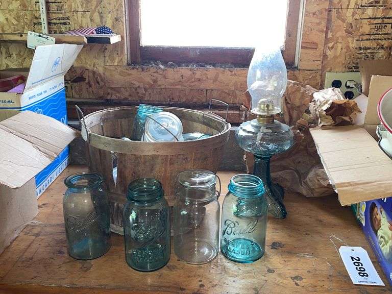 1/2 Bushel Basket, Oil Lamp, Canning Jars United Edge Real Estate