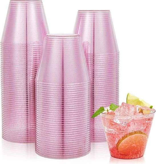 JOLLY CHEF 9 oz Purple Plastic Cups, 100 Pack Party Cups Tumblers, Heavy-duty Purple Glitter Plastic