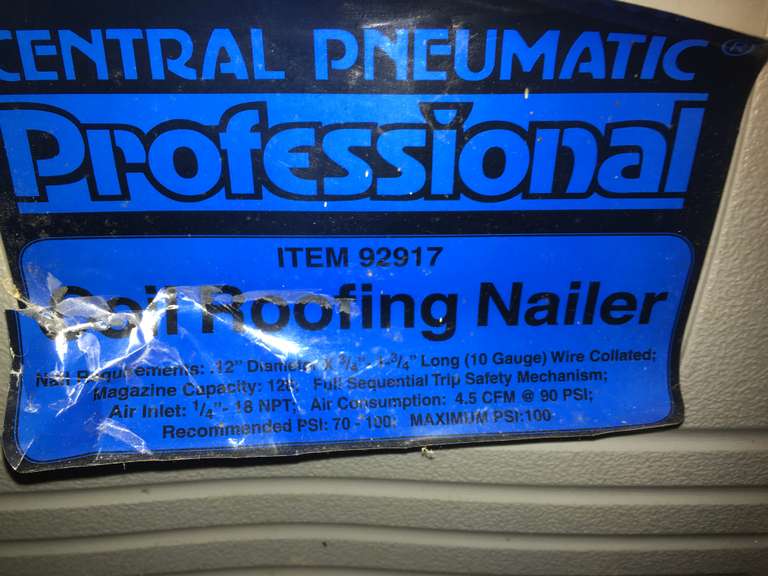 Central Pneumatic Roofing Nailer Wolfe Auction & Realty, LLC