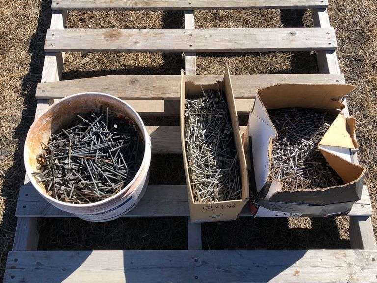 PALLET OF ASSORTED HARDWARE, BOX OF SPIRAL NAILS, BOX OF ROOFING NAILS