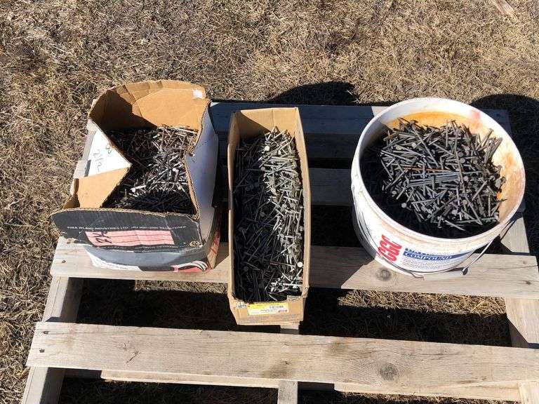 PALLET OF ASSORTED HARDWARE, BOX OF SPIRAL NAILS, BOX OF ROOFING NAILS