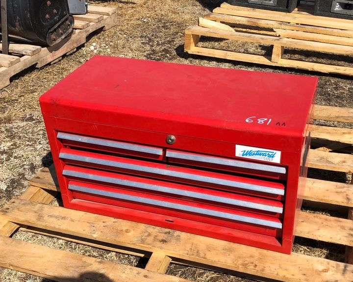 WESTWARD 5 DRAWER TOOL BOX W/ MISC TOOLS, W/ KEY, APPROX 2' X 1' X 1