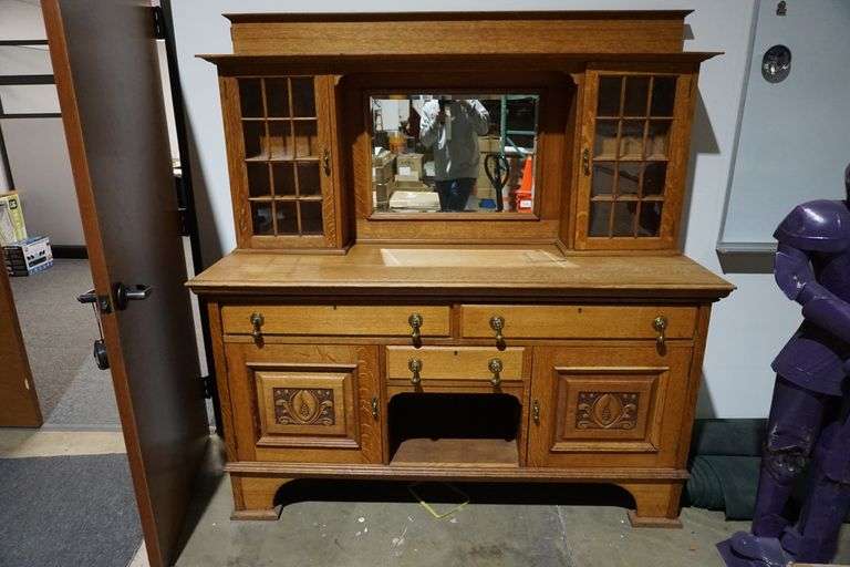 Antique wood hutch with mirror World Wide Auction Inc