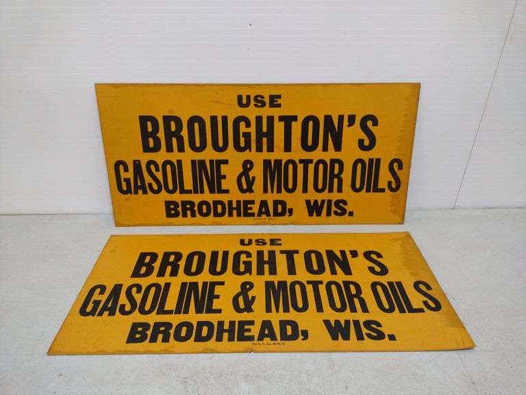 Broughtons Gas and Oil SS Cardboard Signs W. Yoder Auction
