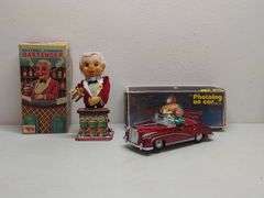 Battery-Op Tin Toys Bartender &  Photoing On Car
