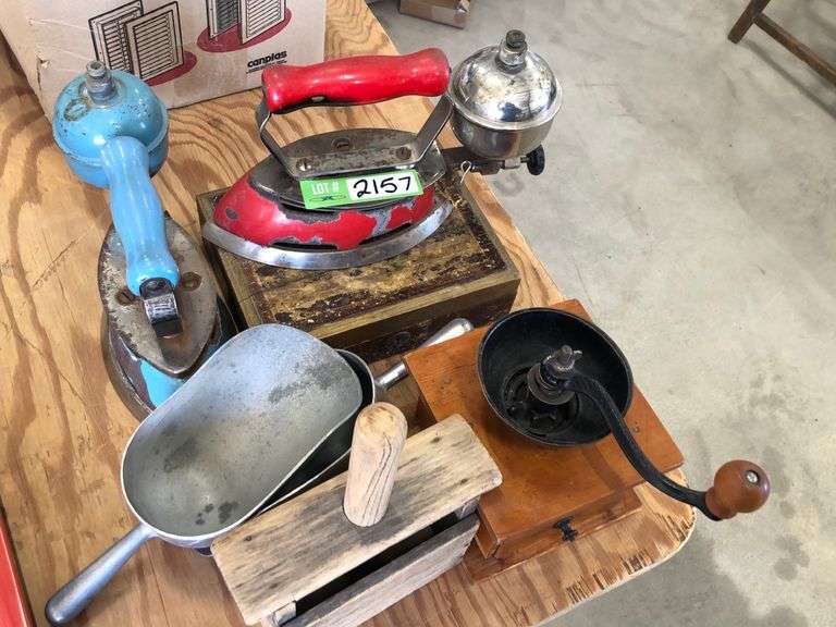 Antique Irons / Coffee Grinder / Scoops Yorkton Auction Centre