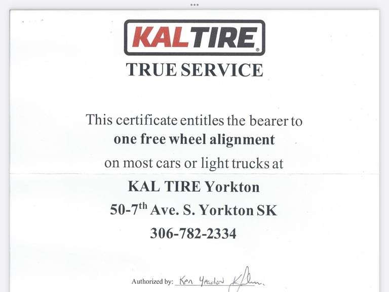 One Wheel Alignment Courtesy of Kal Tire in Yorkton Yorkton Auction Centre